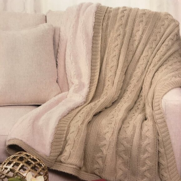 Cozy Cable Knit / Sherpa Fleece Throw – Reversible – Taupe – Brand New with Tags - Picture 1 of 5